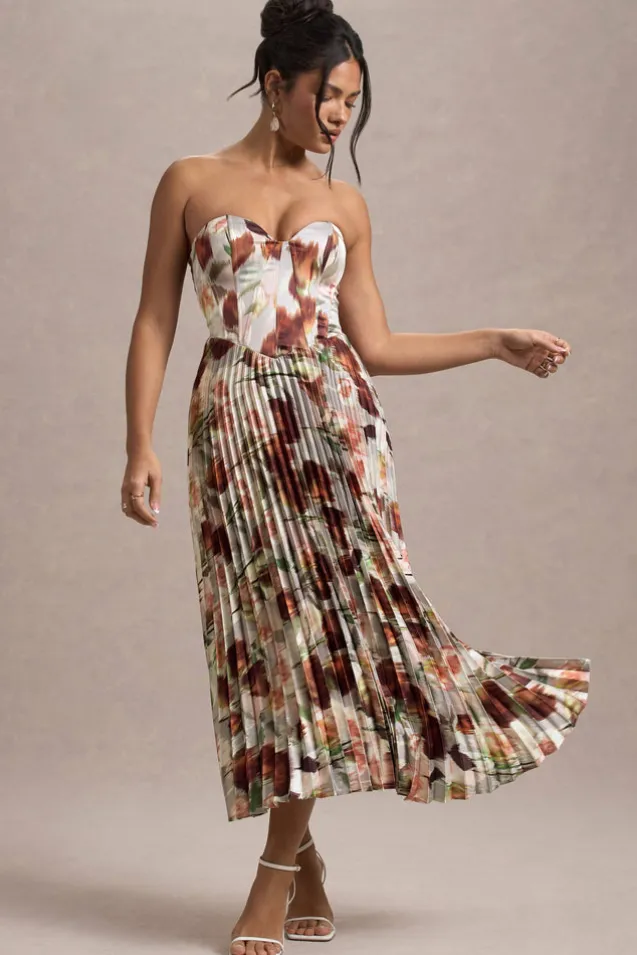 Bordeaux | Cream Floral Print Satin Corset Style Midi Dress