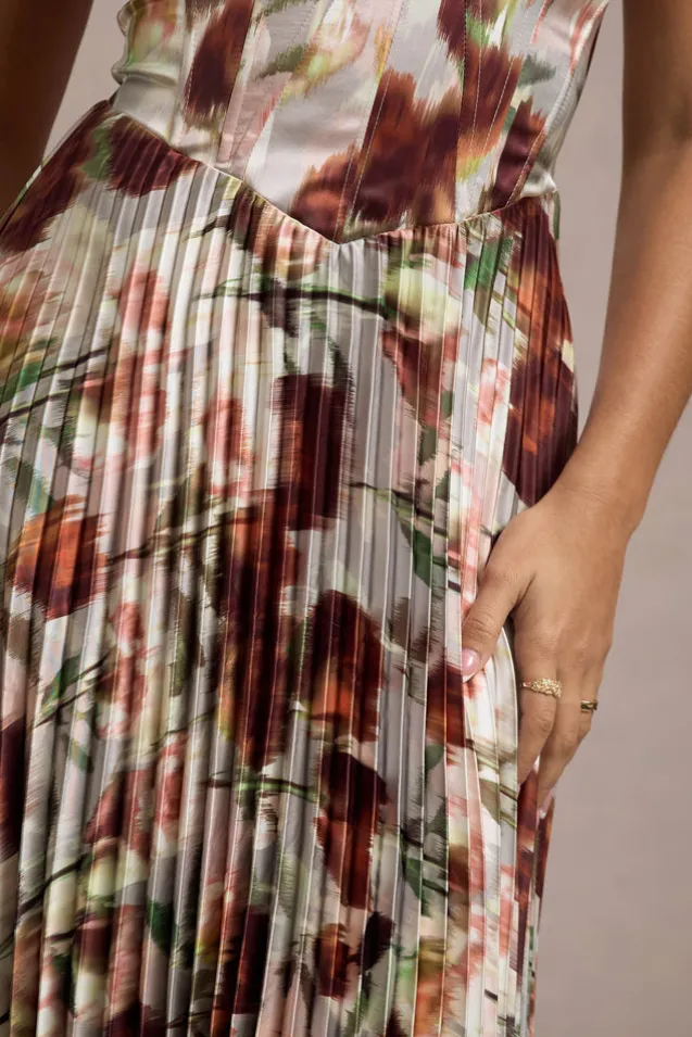 Bordeaux | Cream Floral Print Satin Corset Style Midi Dress