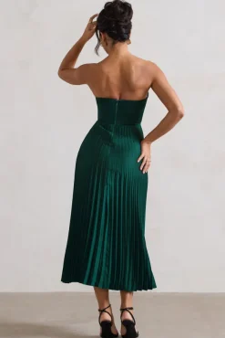 Bordeaux | Green Satin Corset Style Midi Dress