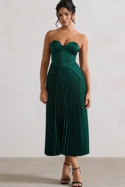 Bordeaux | Green Satin Corset Style Midi Dress