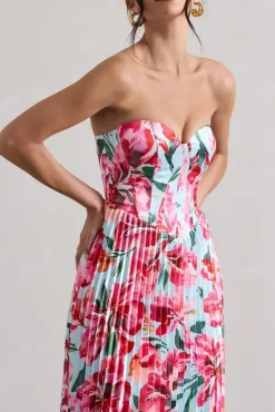 Bordeaux | Mint Floral Print Satin Corset Style Midi Dress