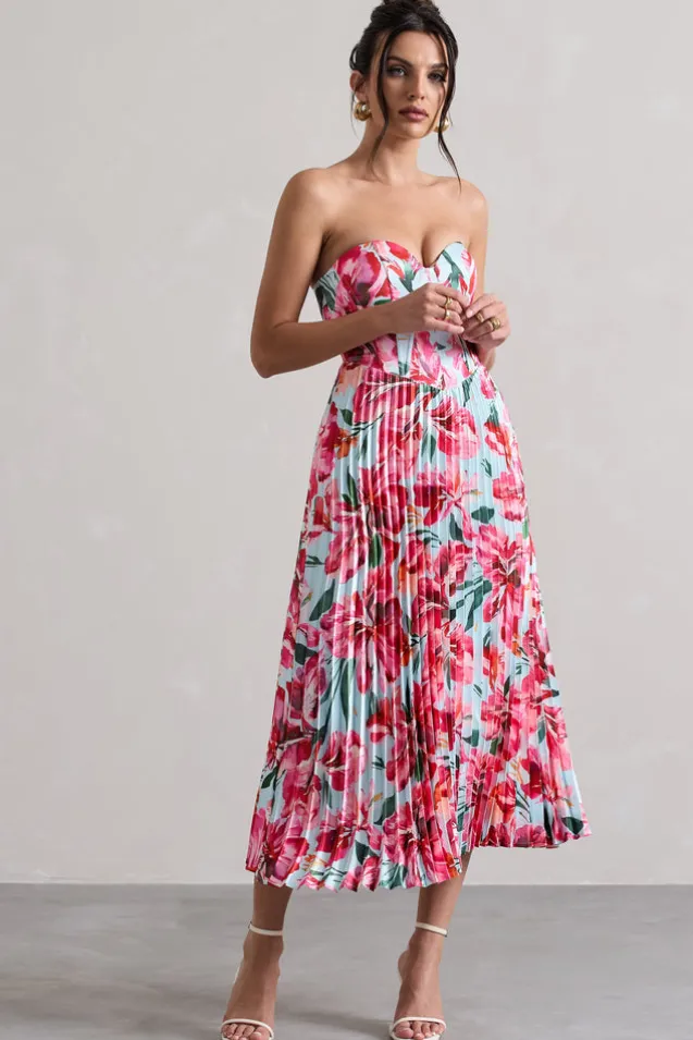 Bordeaux | Mint Floral Print Satin Corset Style Midi Dress