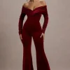 Borealis | Berry Velvet Long-Sleeved Bardot Jumpsuit