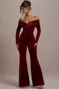 Borealis | Berry Velvet Long-Sleeved Bardot Jumpsuit