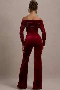Borealis | Berry Velvet Long-Sleeved Bardot Jumpsuit
