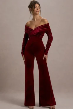 Borealis | Berry Velvet Long-Sleeved Bardot Jumpsuit