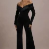 Borealis | Black Velvet Long-Sleeved Bardot Jumpsuit
