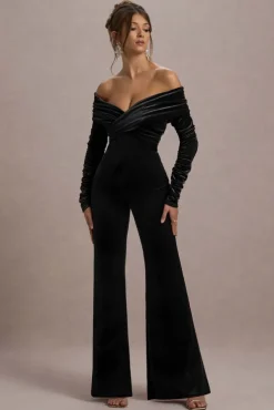 Borealis | Black Velvet Long-Sleeved Bardot Jumpsuit
