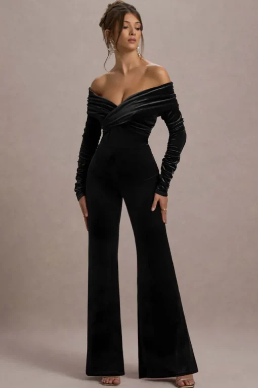 Borealis | Black Velvet Long-Sleeved Bardot Jumpsuit