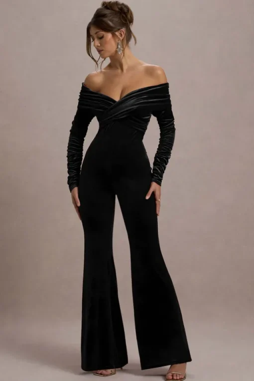 Borealis | Black Velvet Long-Sleeved Bardot Jumpsuit