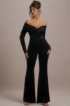 Borealis | Black Velvet Long-Sleeved Bardot Jumpsuit