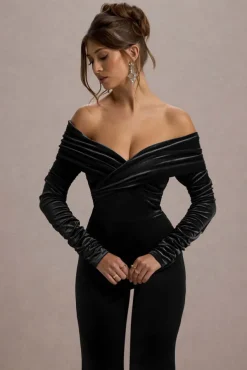 Borealis | Black Velvet Long-Sleeved Bardot Jumpsuit