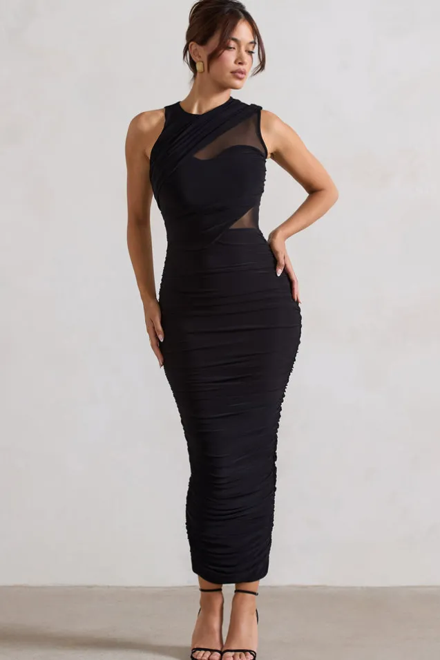 Born With It | Black Sleeveless High-Neck Draped Maxi Dress With Mesh Inserts