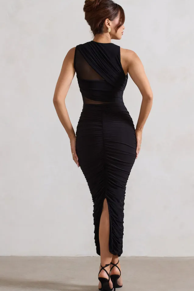 Born With It | Black Sleeveless High-Neck Draped Maxi Dress With Mesh Inserts