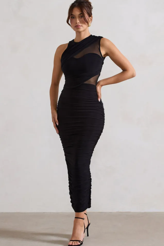 Born With It | Black Sleeveless High-Neck Draped Maxi Dress With Mesh Inserts