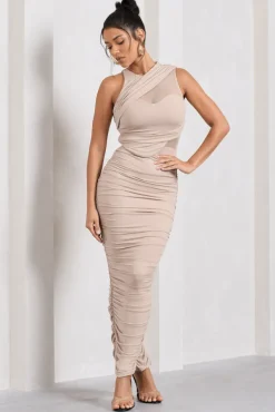 Born With It | Champagne Sleeveless High-Neck Draped Maxi Dress With Mesh Inserts