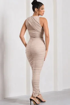 Born With It | Champagne Sleeveless High-Neck Draped Maxi Dress With Mesh Inserts