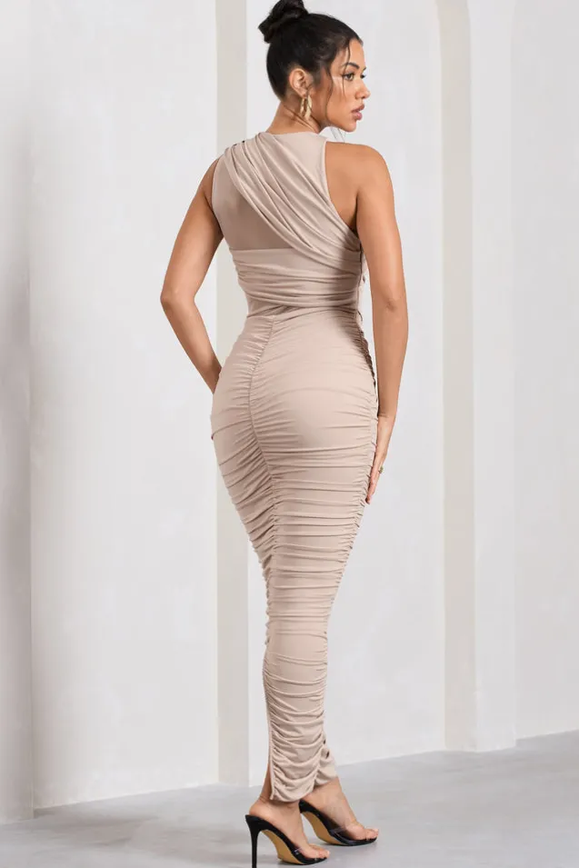 Born With It | Champagne Sleeveless High-Neck Draped Maxi Dress With Mesh Inserts