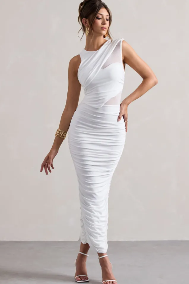 Born With It | White Sleeveless High-Neck Draped Maxi Dress With Mesh Inserts