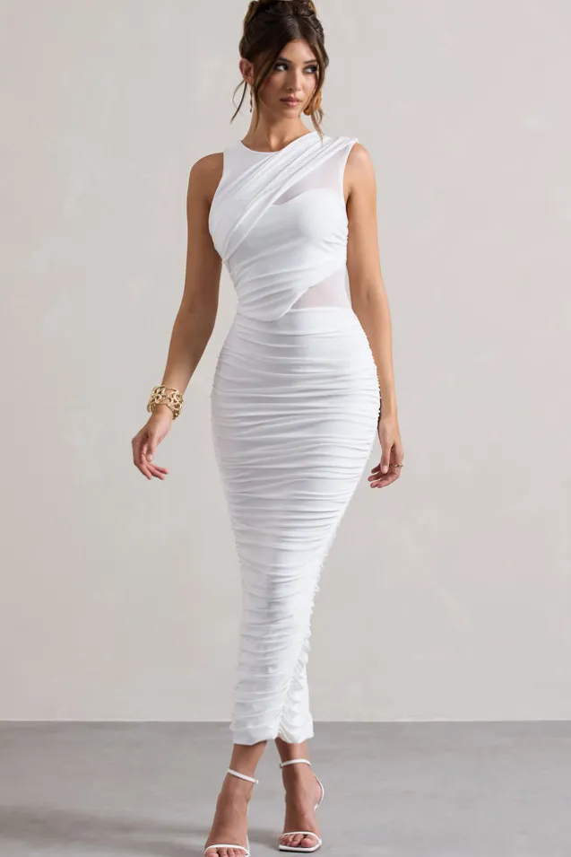 Born With It | White Sleeveless High-Neck Draped Maxi Dress With Mesh Inserts