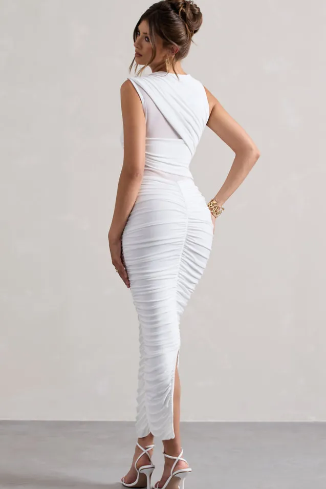 Born With It | White Sleeveless High-Neck Draped Maxi Dress With Mesh Inserts