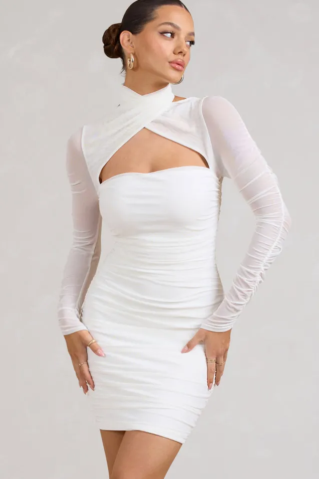 Bouquet Toss | White Ruched Mesh Long-Sleeved Mini Dress