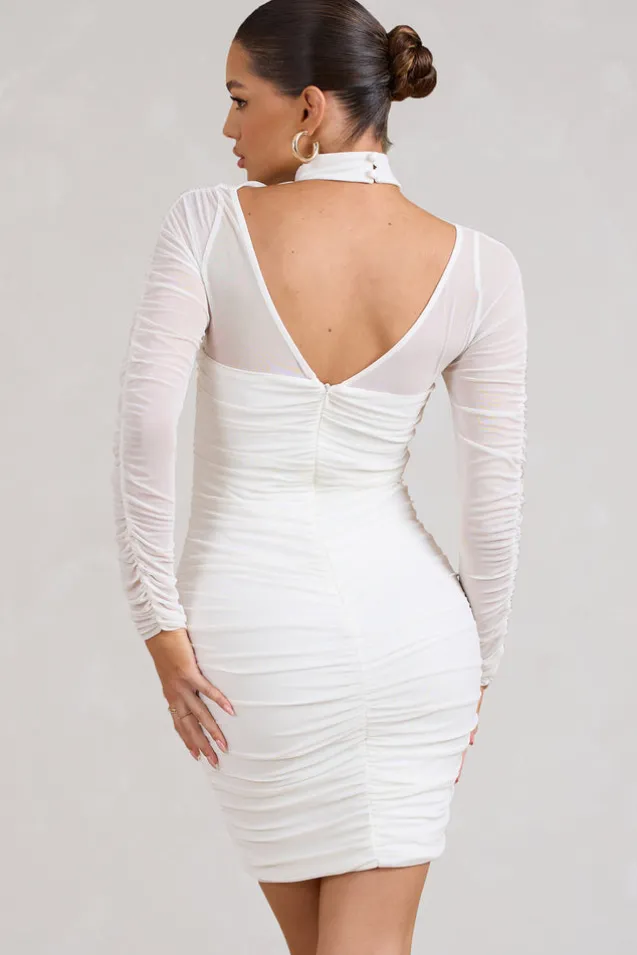 Bouquet Toss | White Ruched Mesh Long-Sleeved Mini Dress