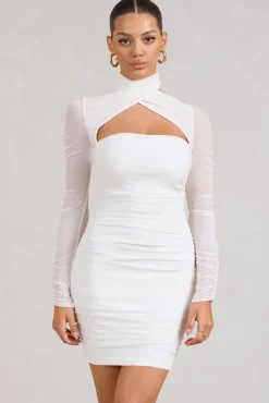 Bouquet Toss | White Ruched Mesh Long-Sleeved Mini Dress