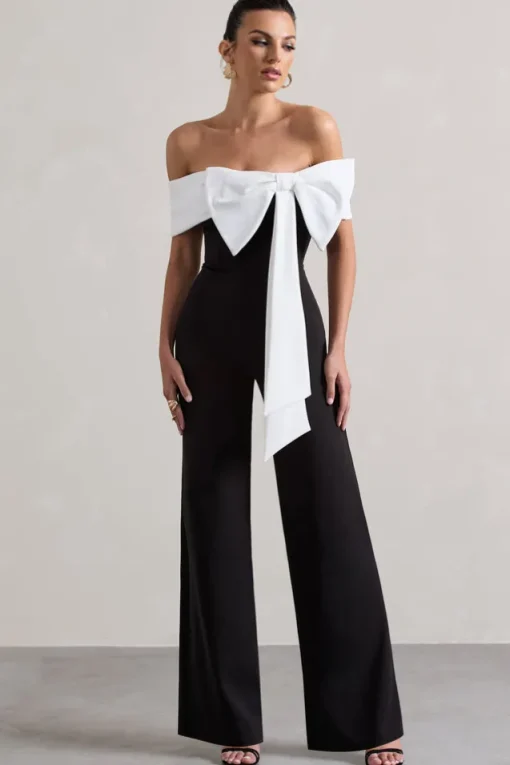 Bower | Black Bardot Straight-Leg Jumpsuit With Bow