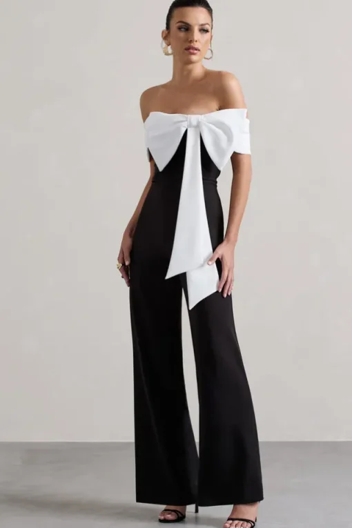 Bower | Black Bardot Straight-Leg Jumpsuit With Bow