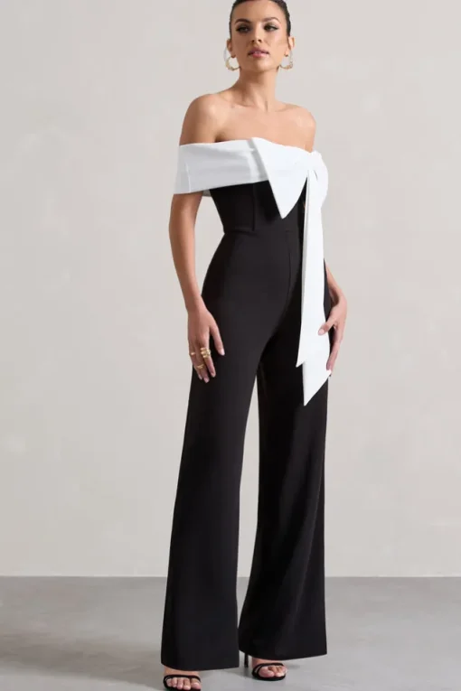 Bower | Black Bardot Straight-Leg Jumpsuit With Bow