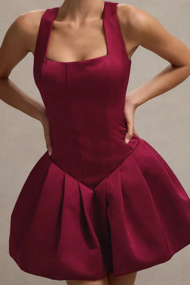 Bramble | Port Satin Square-Neck Puffball Mini Dress