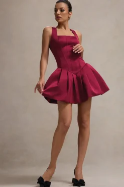 Bramble | Port Satin Square-Neck Puffball Mini Dress