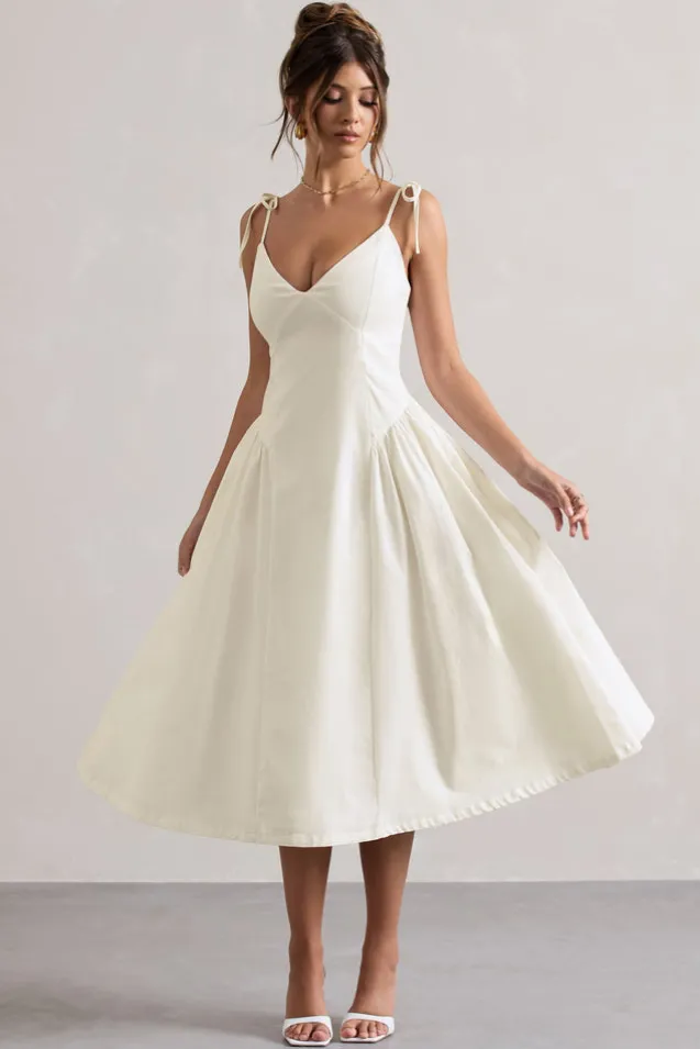 Breathless | Cream Linen Strappy V-Neck Pleated Midi Dress