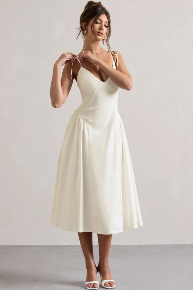 Breathless | Cream Linen Strappy V-Neck Pleated Midi Dress