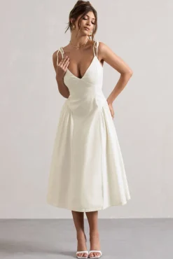 Breathless | Cream Linen Strappy V-Neck Pleated Midi Dress