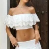 Breathtaking | White Broderie Ruffled Bardot Crop Top