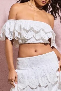 Breathtaking | White Broderie Ruffled Bardot Crop Top