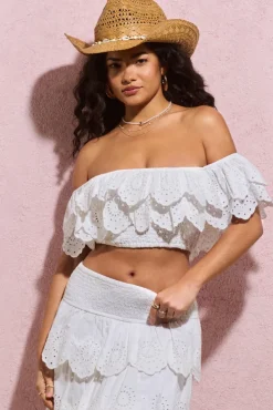 Breathtaking | White Broderie Ruffled Bardot Crop Top