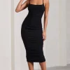 Bree | Black Ruched Mesh Strappy Bodycon Midi Dress