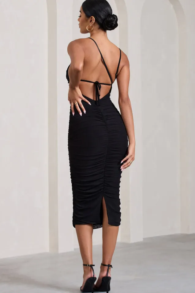 Bree | Black Ruched Mesh Strappy Bodycon Midi Dress
