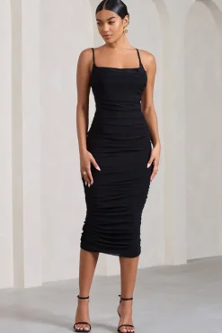Bree | Black Ruched Mesh Strappy Bodycon Midi Dress