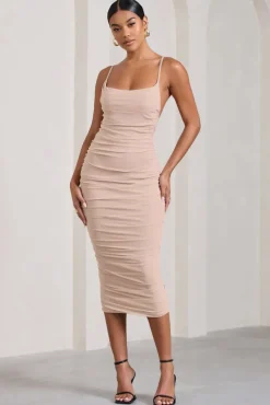 Bree | Nude Ruched Mesh Strappy Bodycon Midi Dress