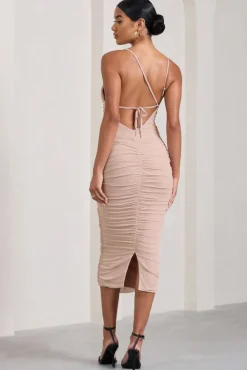 Bree | Nude Ruched Mesh Strappy Bodycon Midi Dress
