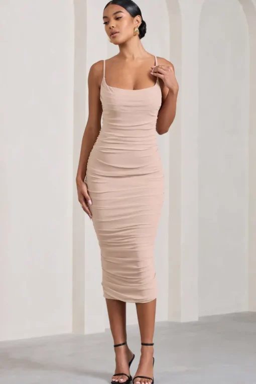 Bree | Nude Ruched Mesh Strappy Bodycon Midi Dress