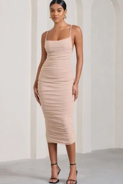 Bree | Nude Ruched Mesh Strappy Bodycon Midi Dress