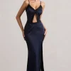 Brescia | Navy Satin Cut-Out Maxi Dress With Lace Trim