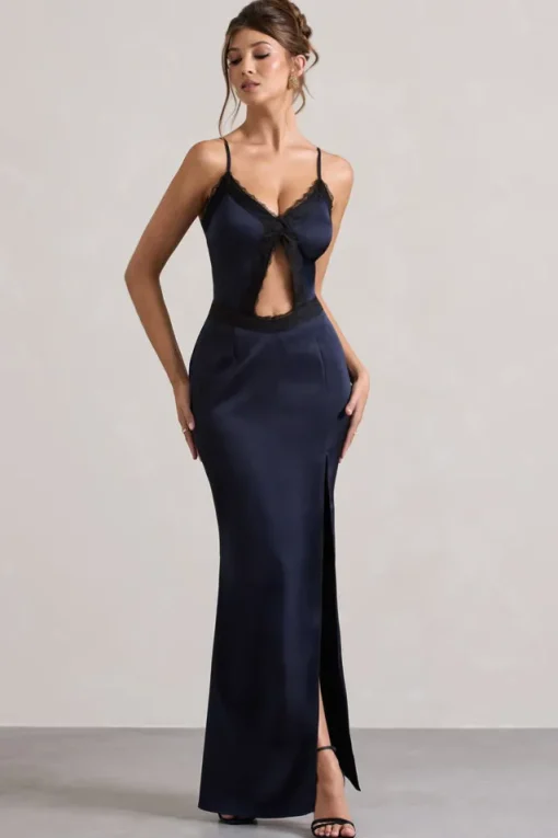 Brescia | Navy Satin Cut-Out Maxi Dress With Lace Trim