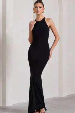 Brianna | Black Sleeveless Halter-Neck Open-Back Maxi Dress