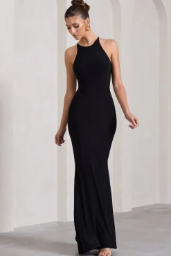 Brianna | Black Sleeveless Halter-Neck Open-Back Maxi Dress